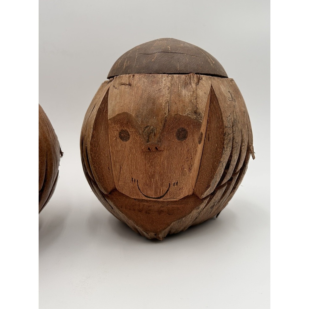 Vintage Hand Carved Coconut Monkey Head Drink Holder Made In Indonesia Set of 2